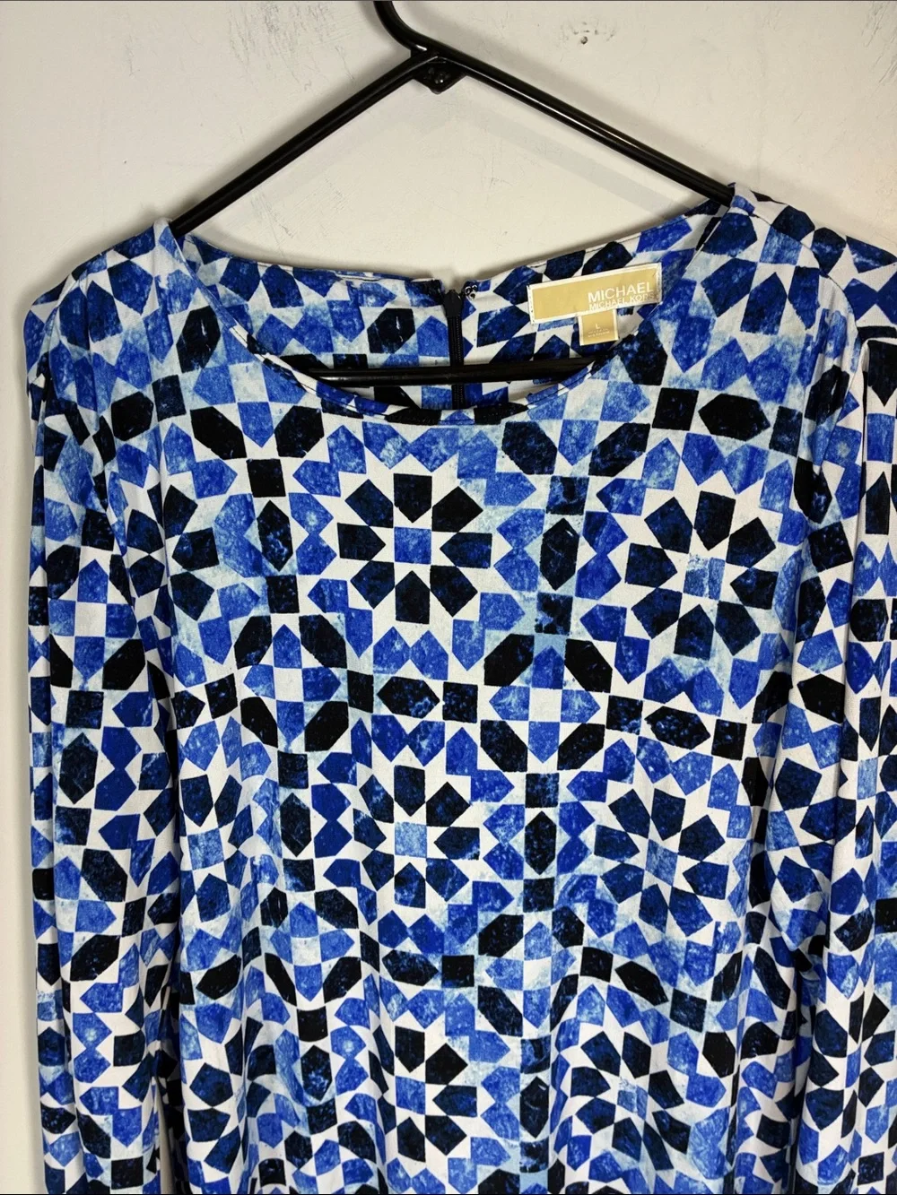 Michael Kors Blue Geometric Print Long Sleeve Fit Flare Dress L